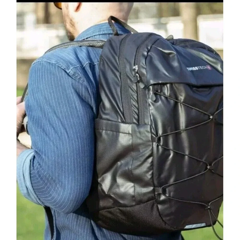 Swiss Tech Bungee Backpack Black Ripstop Laptop Tablet Sleeve 14-Pocket 20 L NEW